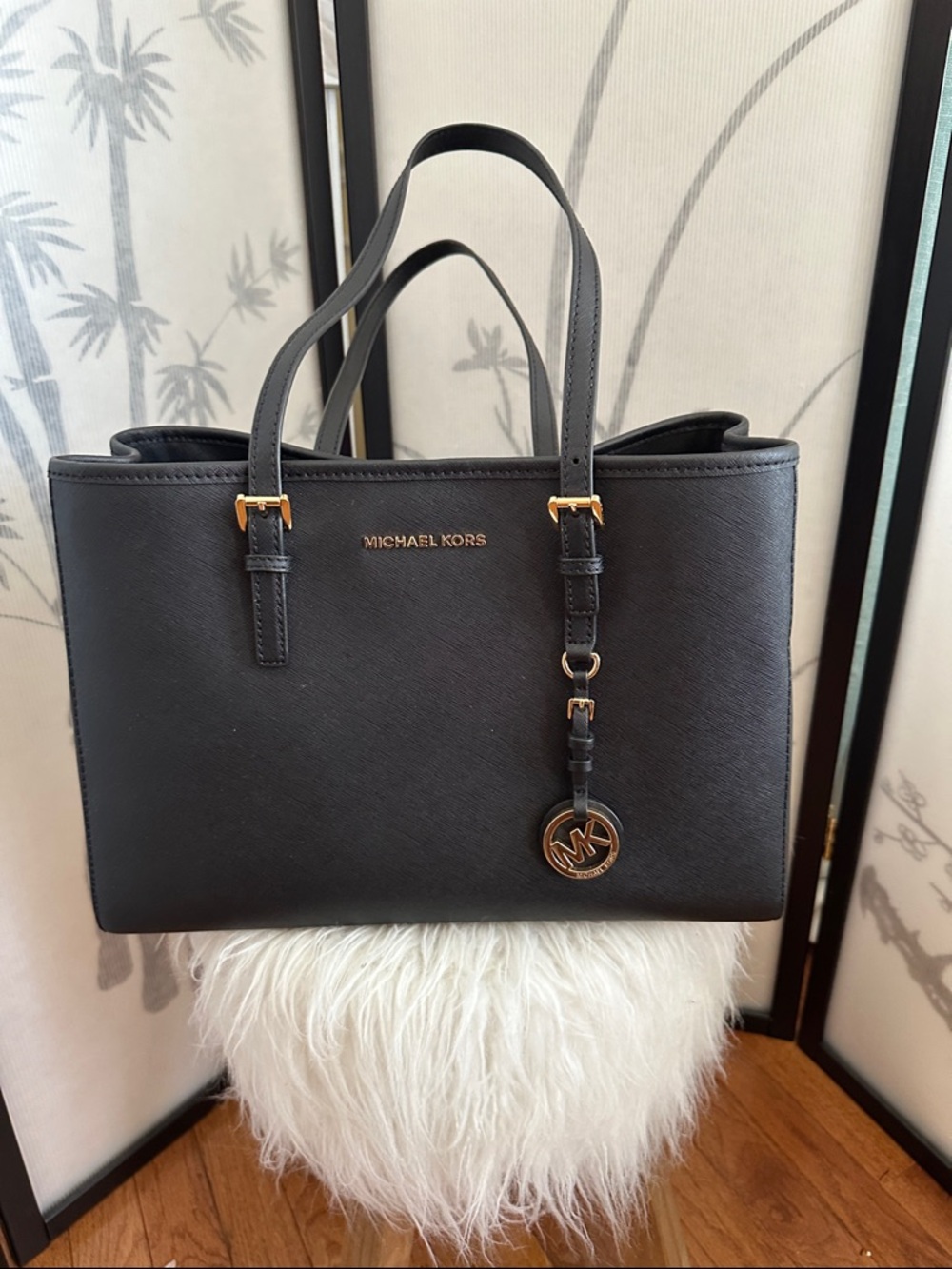 Michael Kors Black Saffiano Leather Tote with Gold Logo Charm